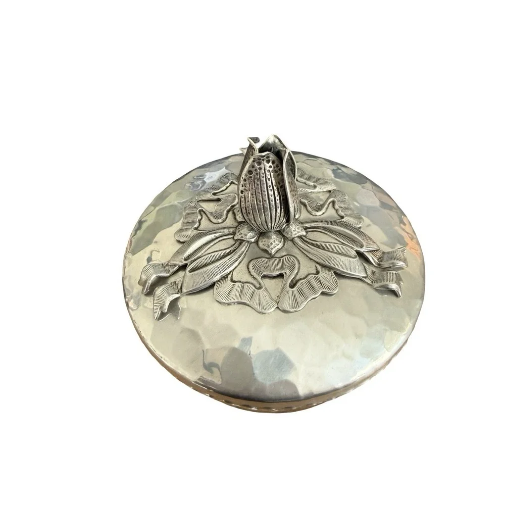 RODNEY KENT Hammered Aluminium Lid Round Glass Candy Dish Tulips 5x3